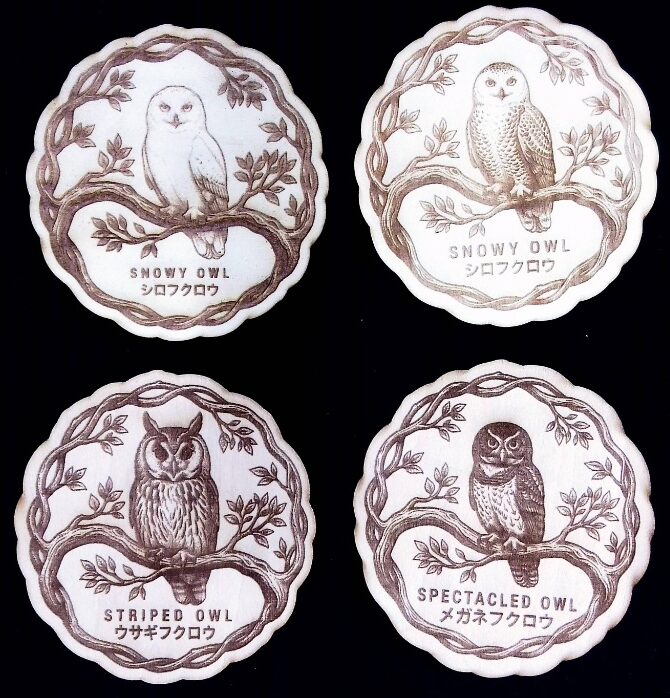 ふくろうの家 オリジナルウッドコースター シロフクロウ メガネフクロウ ウサギフクロウ 猛禽類デザイン雑貨