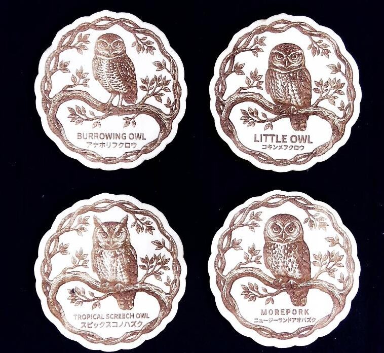 ふくろうの家 オリジナルウッドコースター アナホリフクロウ コキンメフクロウ スピックスコノハズク ニュージーランドアオバズク