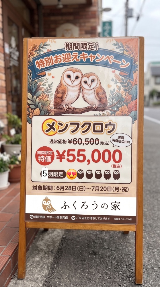 ふくろうの家つくば店で開催中の「メンフクロウお迎え応援キャンペーン」の更新版告知ポスター。早速1羽のお迎えが決まり、残り5羽となったことを絵文字と数字で示している画像。6月28日から7月20日までの期間限定で、特別価格55,000円（税込）で販売中。
